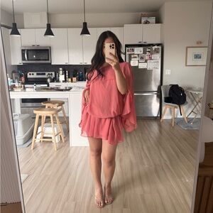 Coral Pink chiffon cape dress